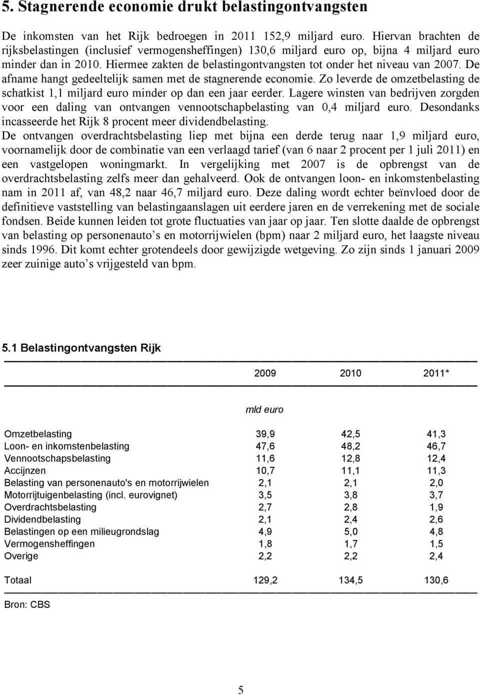 Hiermee zakten de belastingontvangsten tot onder het niveau van 2007. De afname hangt gedeeltelijk samen met de stagnerende economie.