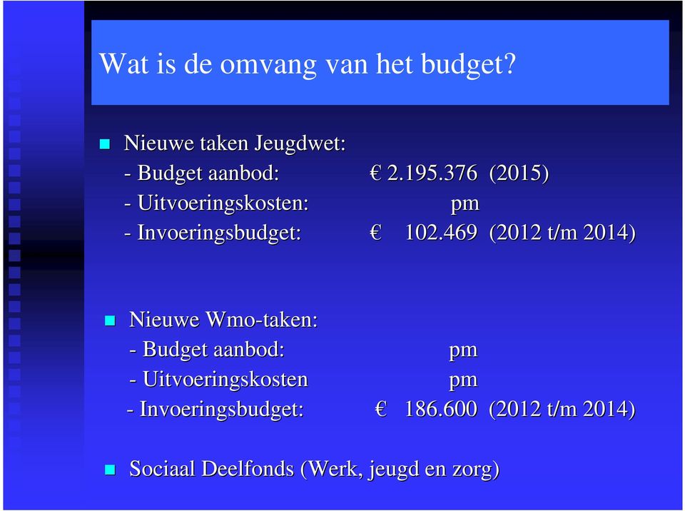 469 (2012 t/m 2014) Nieuwe Wmo-taken: - Budget aanbod: pm -