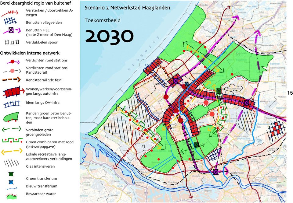 fase Wonen/werken/voorzieningen langs autoinfra 15 idem langs OV-infra Randen groen beter benutten, maar karakter behouden Verbinden grote groengebieden