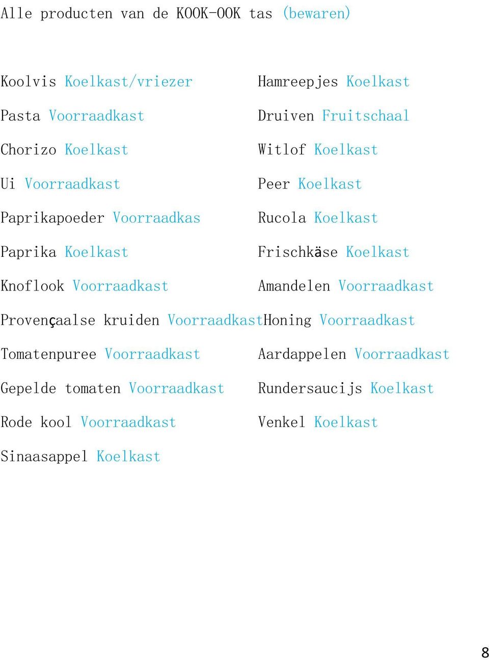 Koelkast Rucola Koelkast Frischkäse Koelkast Amandelen Voorraadkast Provençaalse kruiden VoorraadkastHoning Voorraadkast Tomatenpuree