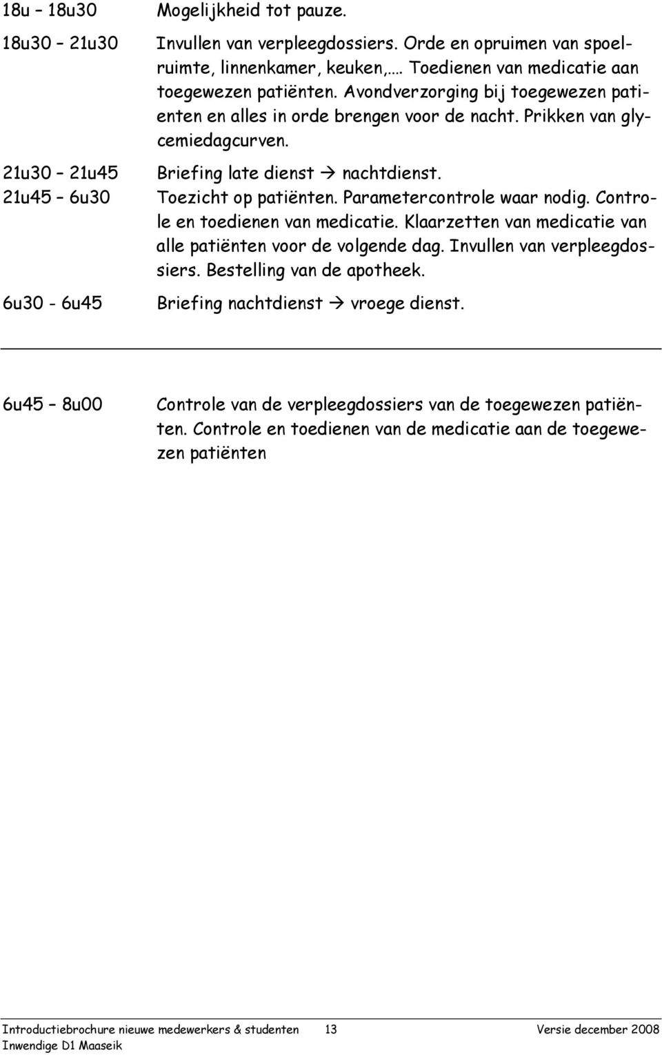 Toezicht op patiënten. Parametercontrole waar nodig. Controle en toedienen van medicatie. Klaarzetten van medicatie van alle patiënten voor de volgende dag. Invullen van verpleegdossiers.