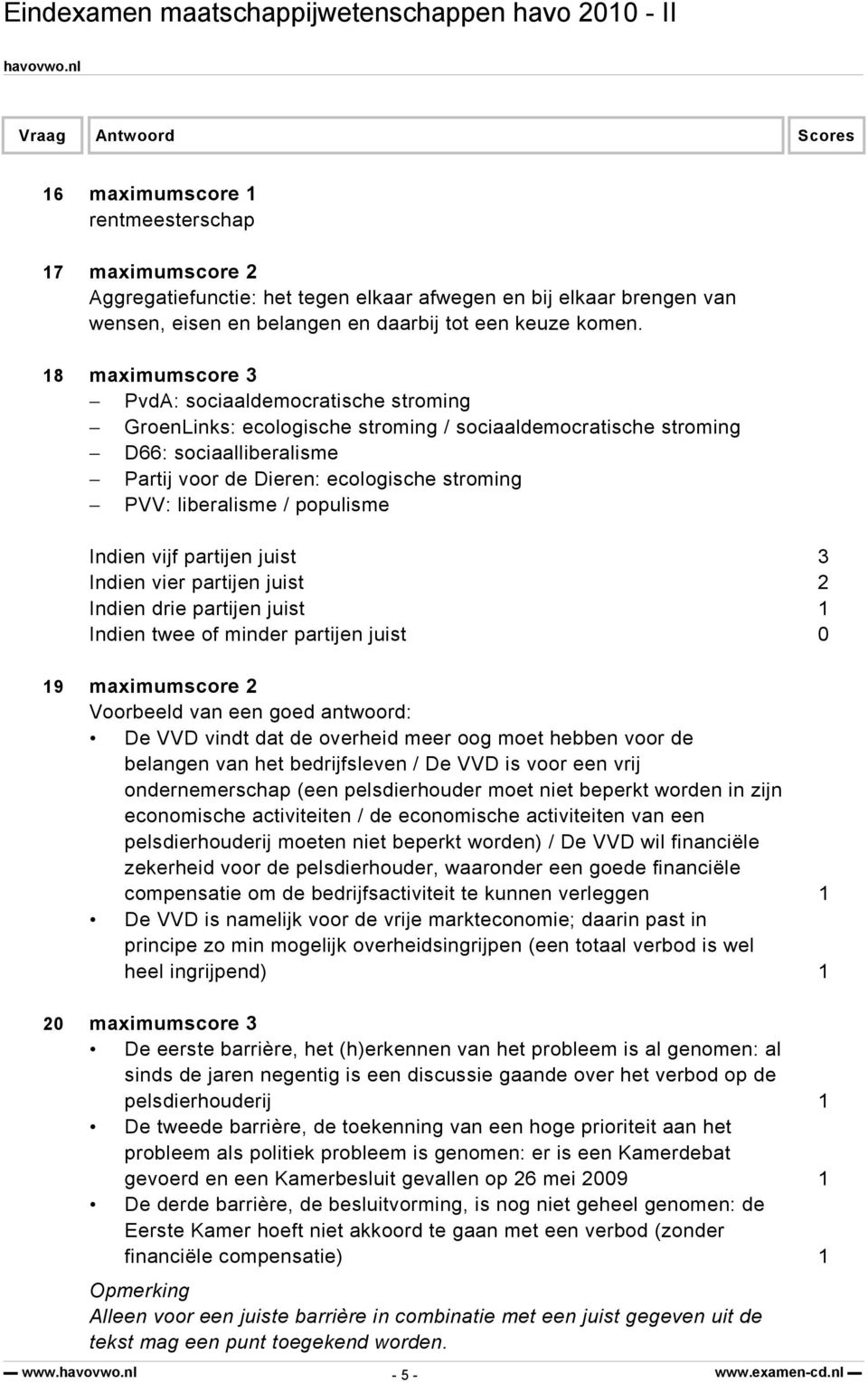 liberalisme / populisme Indien vijf partijen juist 3 Indien vier partijen juist 2 Indien drie partijen juist 1 Indien twee of minder partijen juist 0 19 maximumscore 2 Voorbeeld van een goed