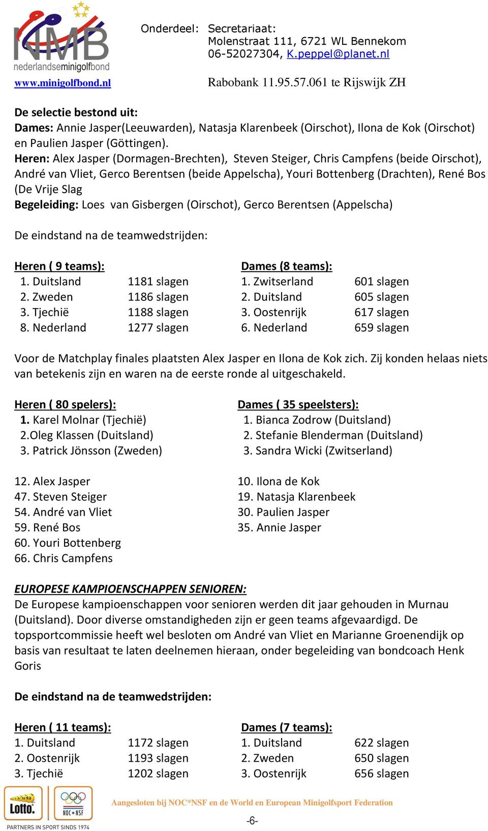 Begeleiding: Loes van Gisbergen (Oirschot), Gerco Berentsen (Appelscha) De eindstand na de teamwedstrijden: Heren ( 9 teams): Dames (8 teams): 1. Duitsland 1181 slagen 1. Zwitserland 601 slagen 2.