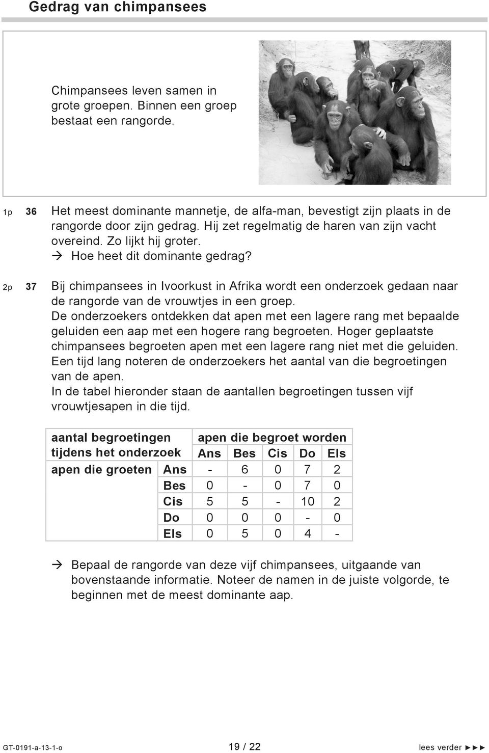 Hoe heet dit dominante gedrag? 2p 37 Bij chimpansees in Ivoorkust in Afrika wordt een onderzoek gedaan naar de rangorde van de vrouwtjes in een groep.