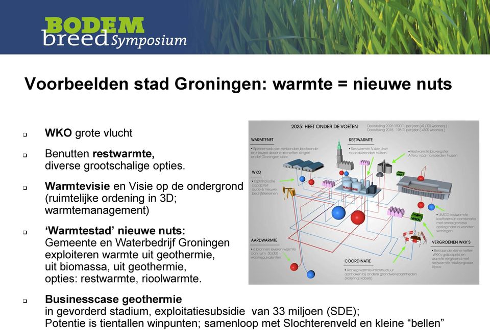 Waterbedrijf Groningen exploiteren warmte uit geothermie, uit biomassa, uit geothermie, opties: restwarmte, rioolwarmte.