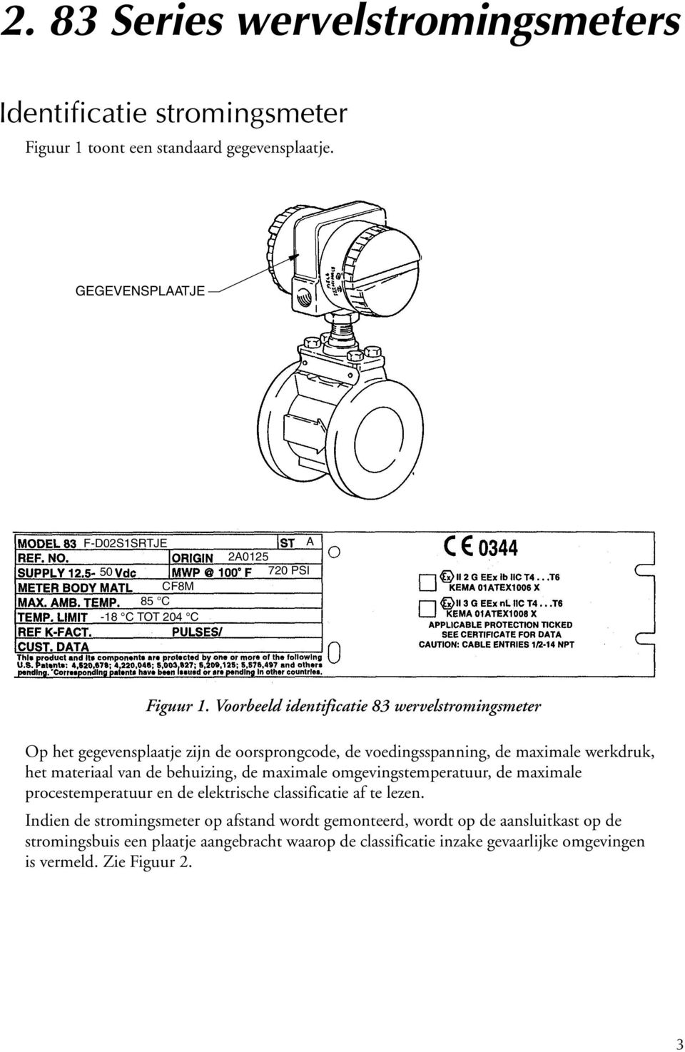 Voorbeeld identificatie 83 wervelstromingsmeter Op het gegevensplaatje zijn de oorsprongcode, de voedingsspanning, de maximale werkdruk, het materiaal van de behuizing,