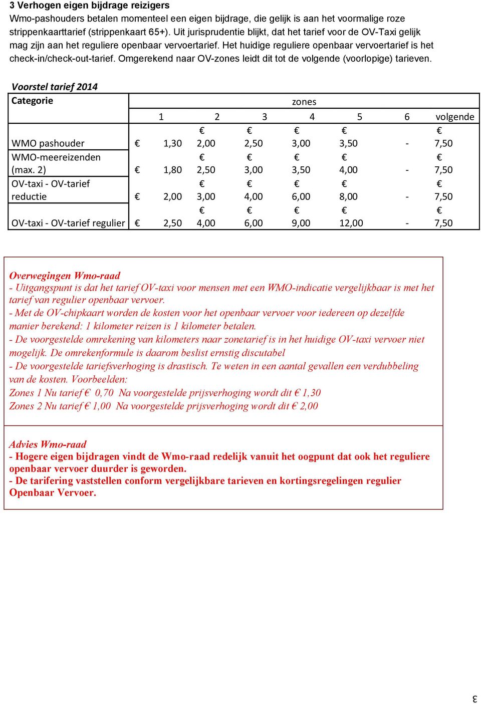 Omgerekend naar OV-zones leidt dit tot de volgende (voorlopige) tarieven. Voorstel tarief 2014 Categorie zones 1 2 4 5 6 volgende WMO pashouder 1,0 2,00 2,50,00,50-7,50 WMO-meereizenden (max.