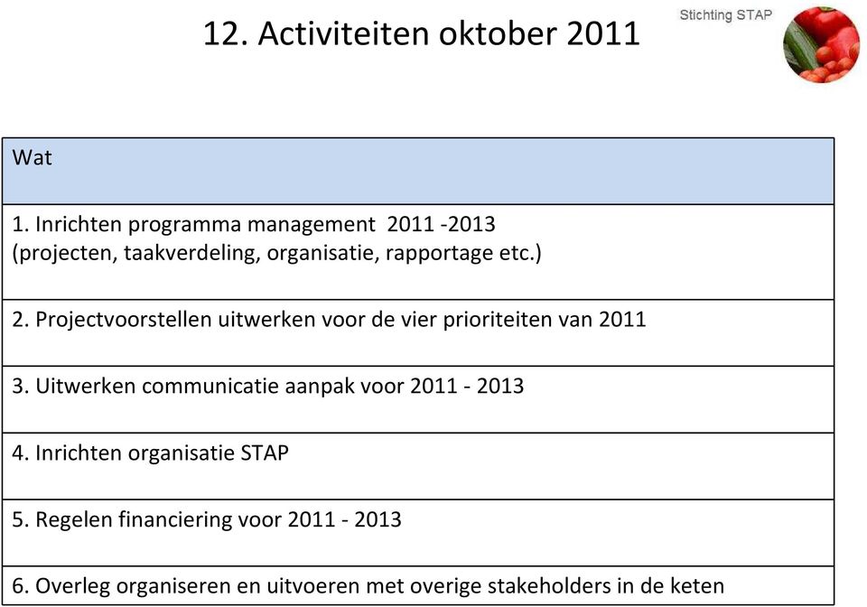 ) 2. Projectvoorstellen uitwerken voor de vier prioriteiten van 2011 3.