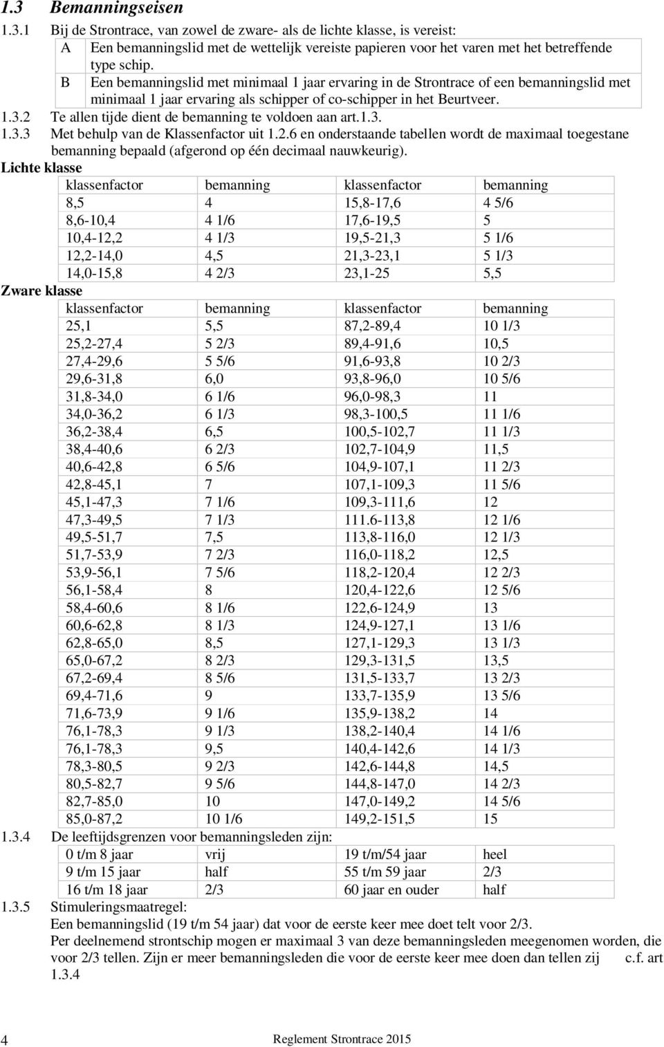 2 Te allen tijde dient de bemanning te voldoen aan art.1.3. 1.3.3 Met behulp van de Klassenfactor uit 1.2.6 en onderstaande tabellen wordt de maximaal toegestane bemanning bepaald (afgerond op één decimaal nauwkeurig).