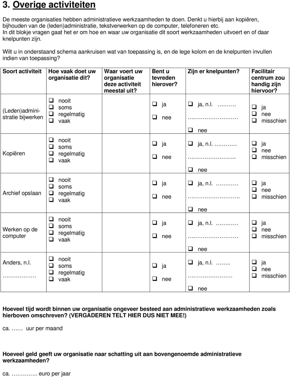 In dit blokje vragen gaat het er om hoe en waar uw organisatie dit soort werkzaamheden uitvoert en of daar knelpunten zijn.