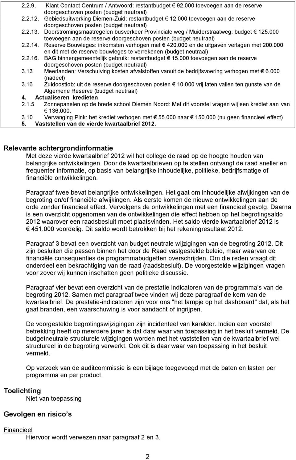 000 en de uitgaven verlagen met 200.000 en dit met de reserve bouwleges te verrekenen (budget neutraal) 2.2.16. BAG binnengemeentelijk gebruik: restantbudget 15.000 toevoegen aan de reserve 3.