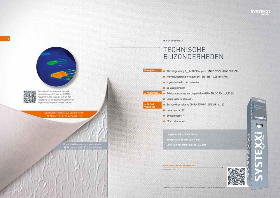 Klik op de QR-code om het videobewijs van het Bayerisches Zentrum für Angewandte Energieforschung e.v. te zien. Oppervlaktemperatuur van de wand: 20 C met SYSTEXX AcousTherm... Akoestisch.