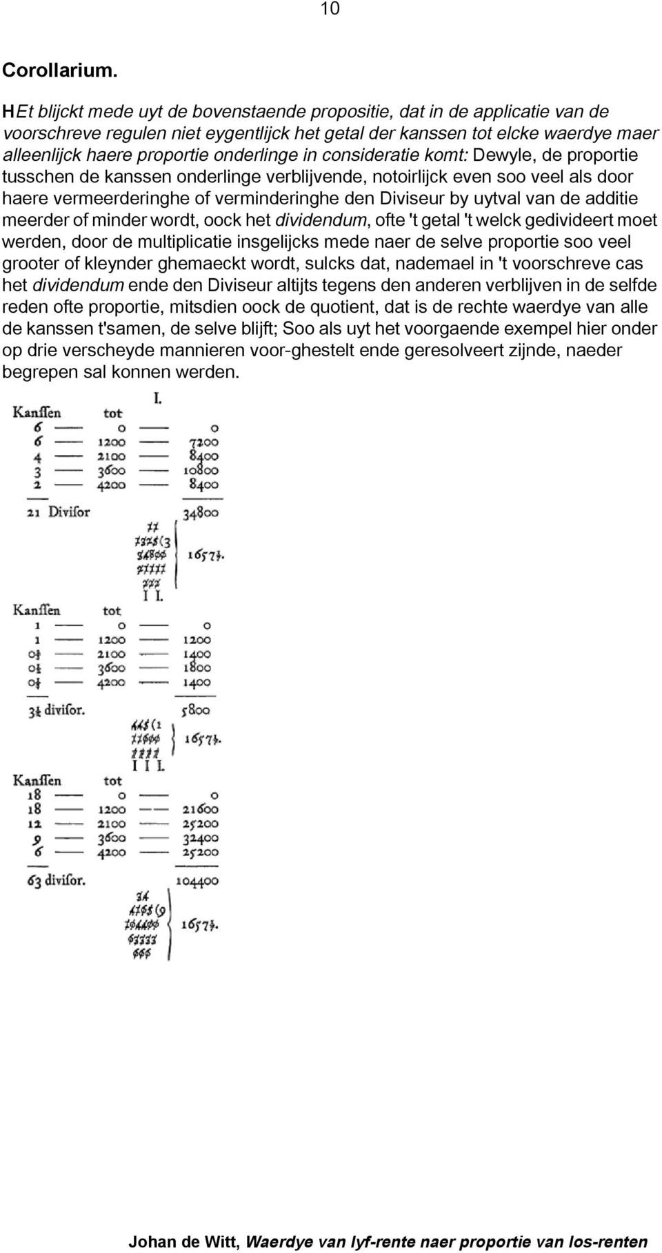 in consideratie komt: Dewyle, de proportie tusschen de kanssen onderlinge verblijvende, notoirlijck even soo veel als door haere vermeerderinghe of verminderinghe den Diviseur by uytval van de