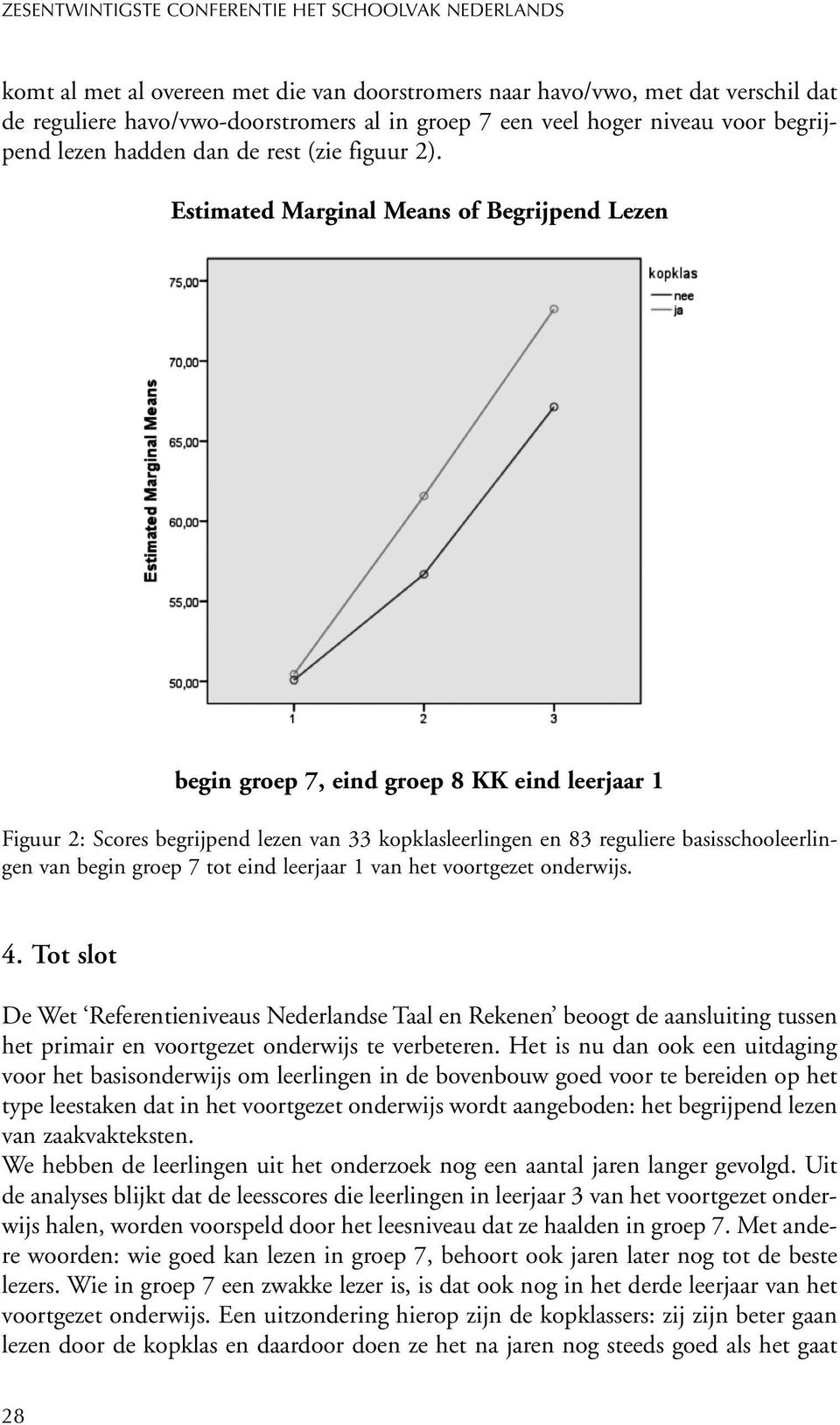 Estimated Marginal Means of Begrijpend Lezen begin groep 7, eind groep 8 KK eind leerjaar 1 Figuur 2: Scores begrijpend lezen van 33 kopklasleerlingen en 83 reguliere basisschooleerlingen van begin