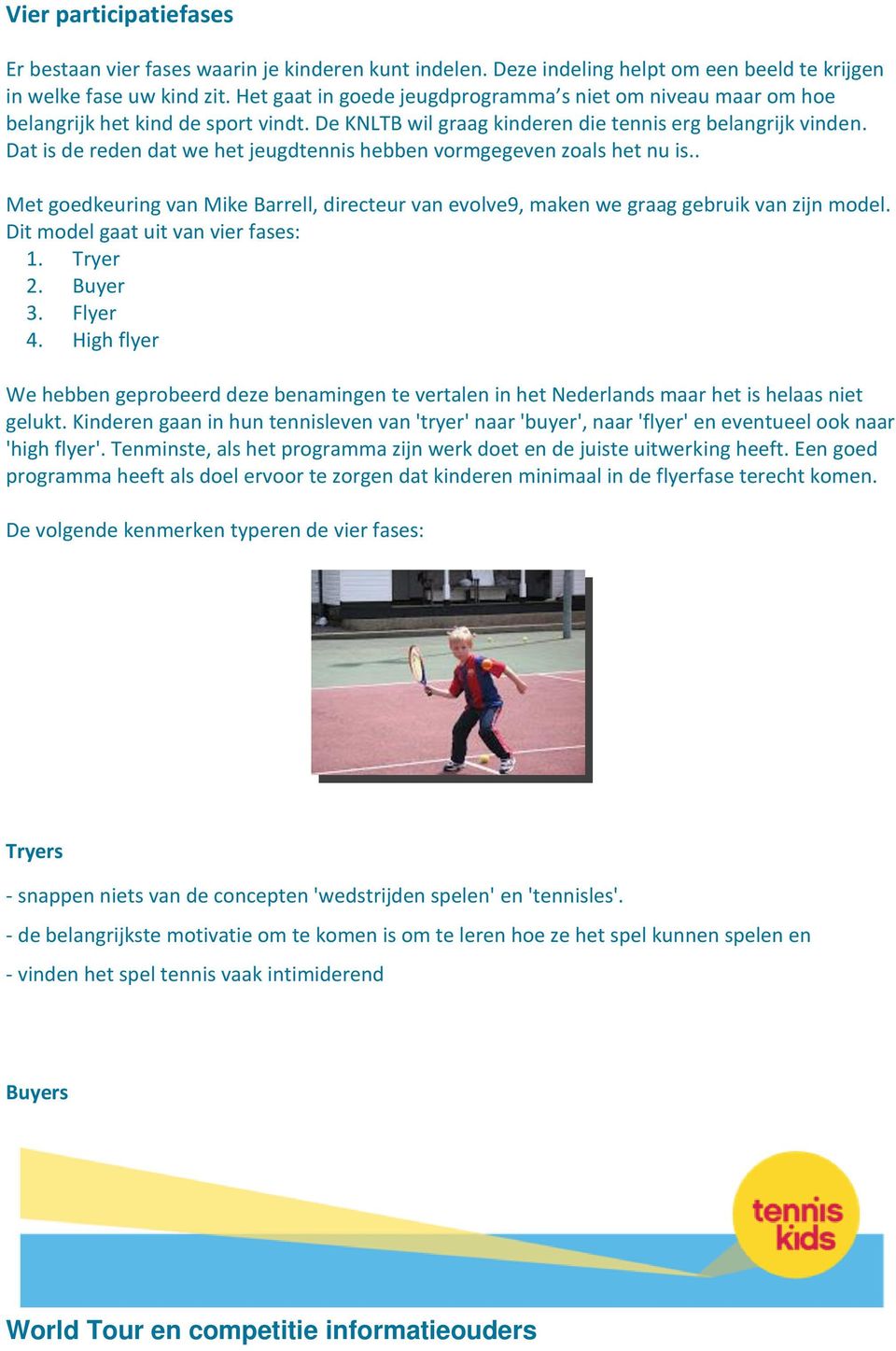 Dat is de reden dat we het jeugdtennis hebben vormgegeven zoals het nu is.. Met goedkeuring van Mike Barrell, directeur van evolve9, maken we graag gebruik van zijn model.