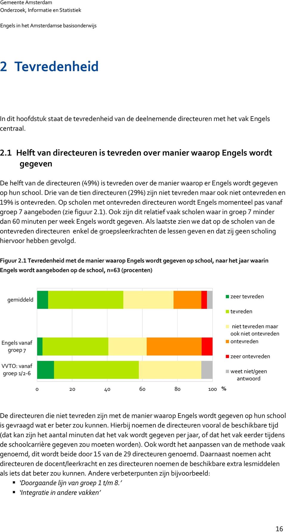 Drie van de tien directeuren (%) zijn niet tevreden maar ook niet ontevreden en % is ontevreden. Op scholen met ontevreden directeuren wordt Engels momenteel pas vanaf groep aangeboden (zie figuur.). Ook zijn dit relatief vaak scholen waar in groep minder dan minuten per week Engels wordt gegeven.