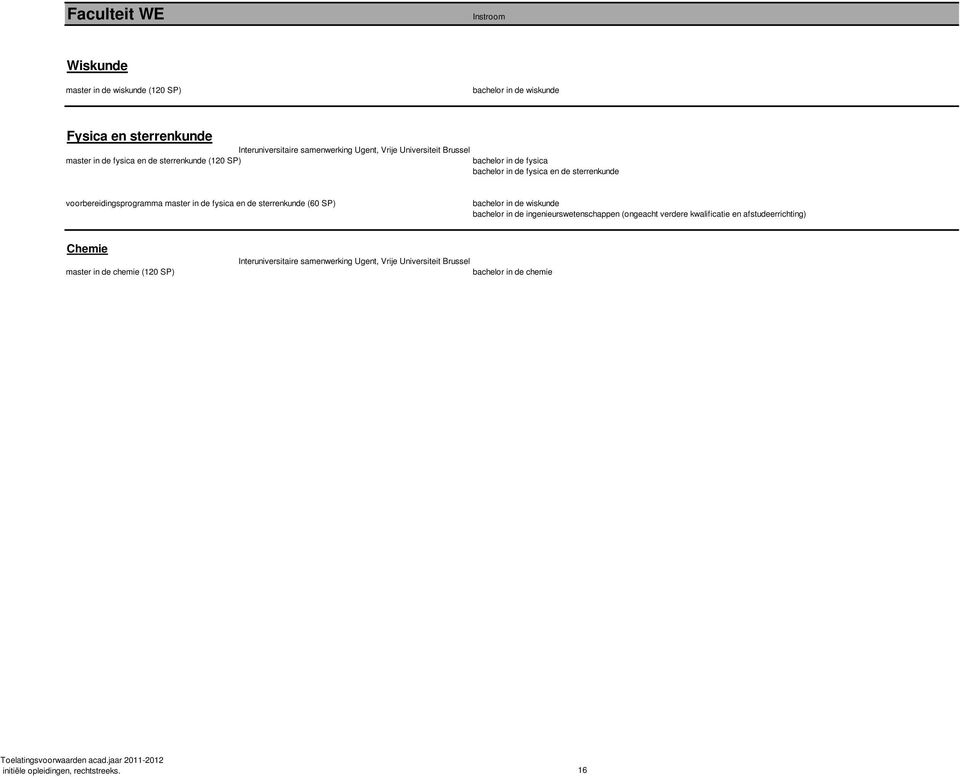 master in de fysica en de sterrenkunde (60 SP) bachelor in de wiskunde bachelor in de ingenieurswetenschappen (ongeacht verdere kwalificatie en