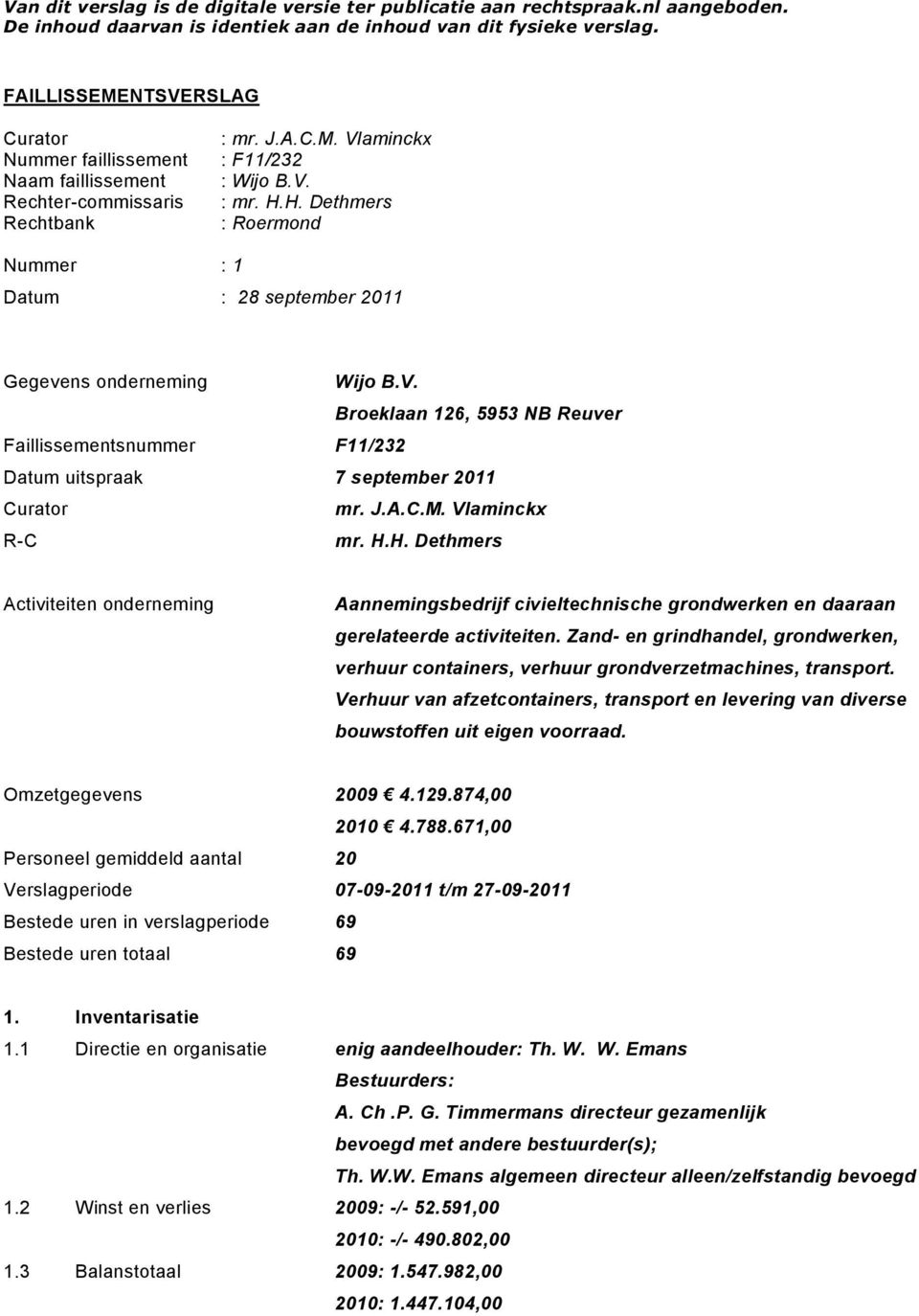 H. Dethmers Rechtbank : Roermond Nummer : 1 Datum : 28 september 2011 Gegevens onderneming Wijo B.V.