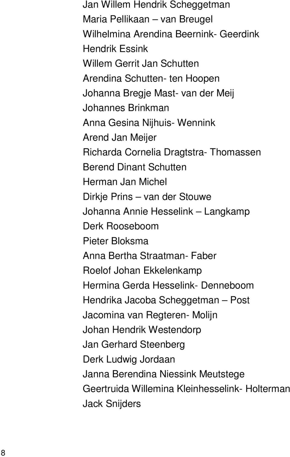 Stouwe Johanna Annie Hesselink Langkamp Derk Rooseboom Pieter Bloksma Anna Bertha Straatman- Faber Roelof Johan Ekkelenkamp Hermina Gerda Hesselink- Denneboom Hendrika Jacoba Scheggetman