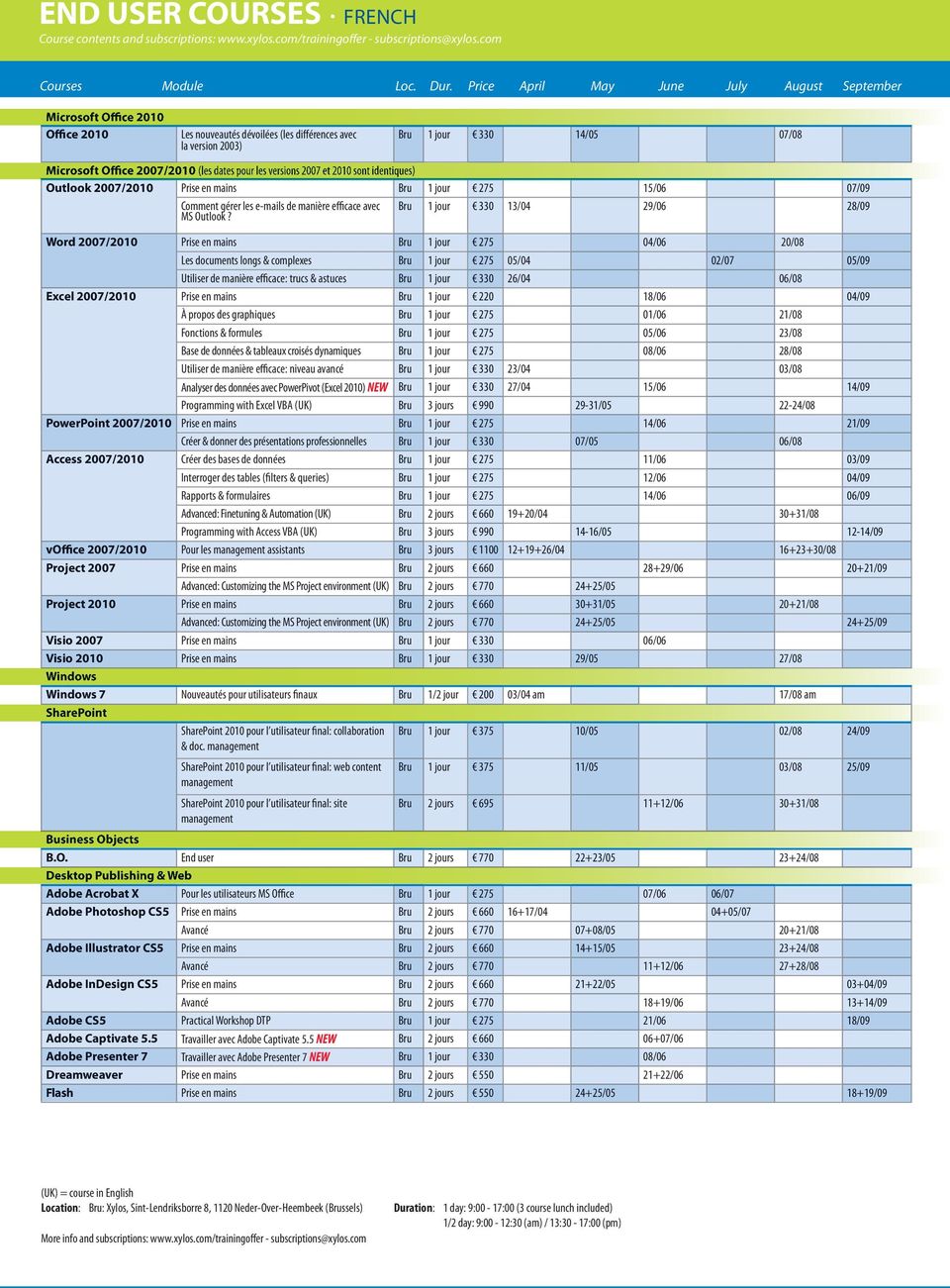 dates pour les versions 2007 et 2010 sont identiques) Outlook 2007/2010 Prise en mains Bru 1 jour 275 15/06 07/09 Comment gérer les e-mails de manière efficace avec Bru 1 jour 330 13/04 29/06 28/09