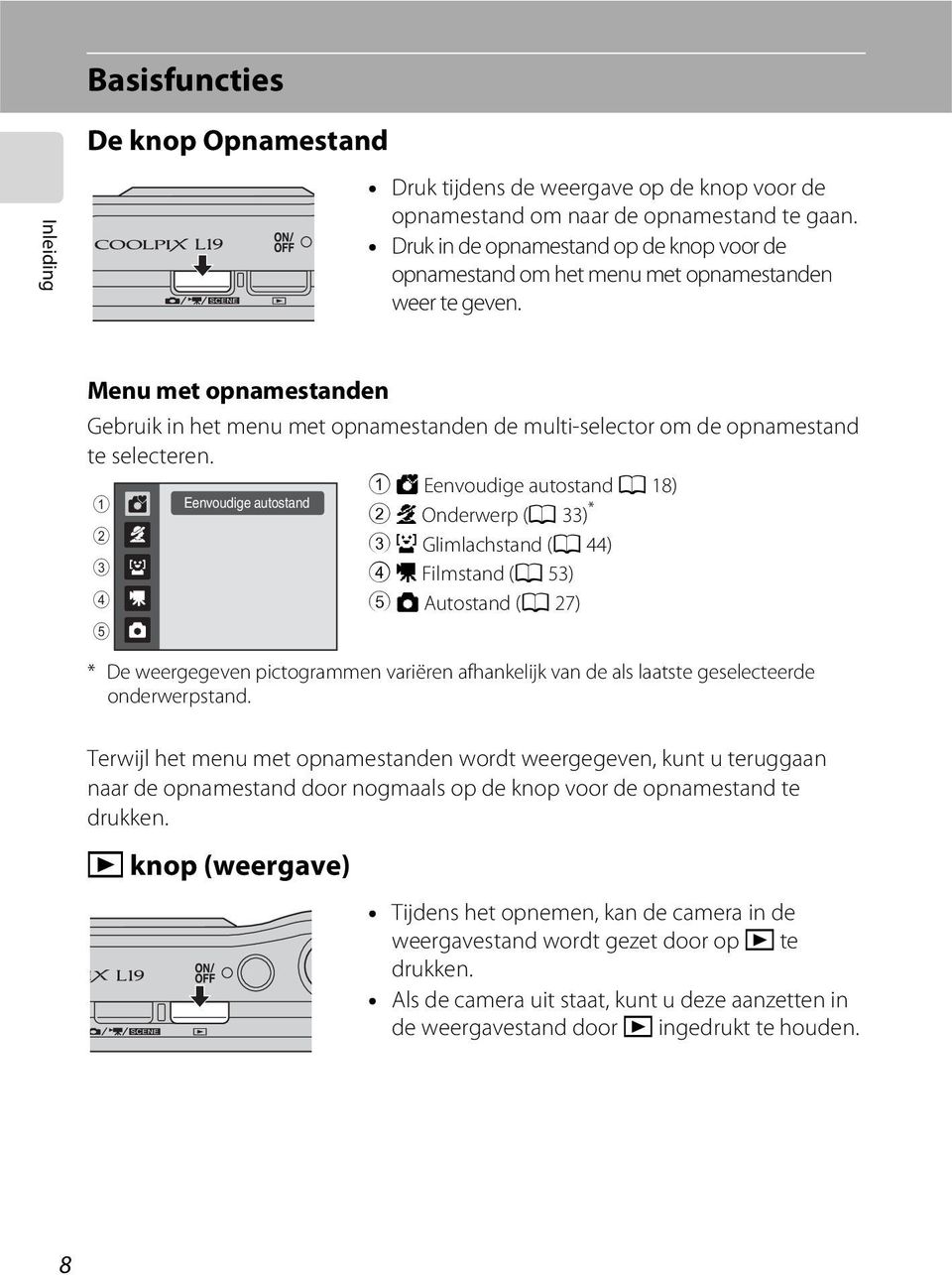 Menu met opnamestanden Gebruik in het menu met opnamestanden de multi-selector om de opnamestand te selecteren.