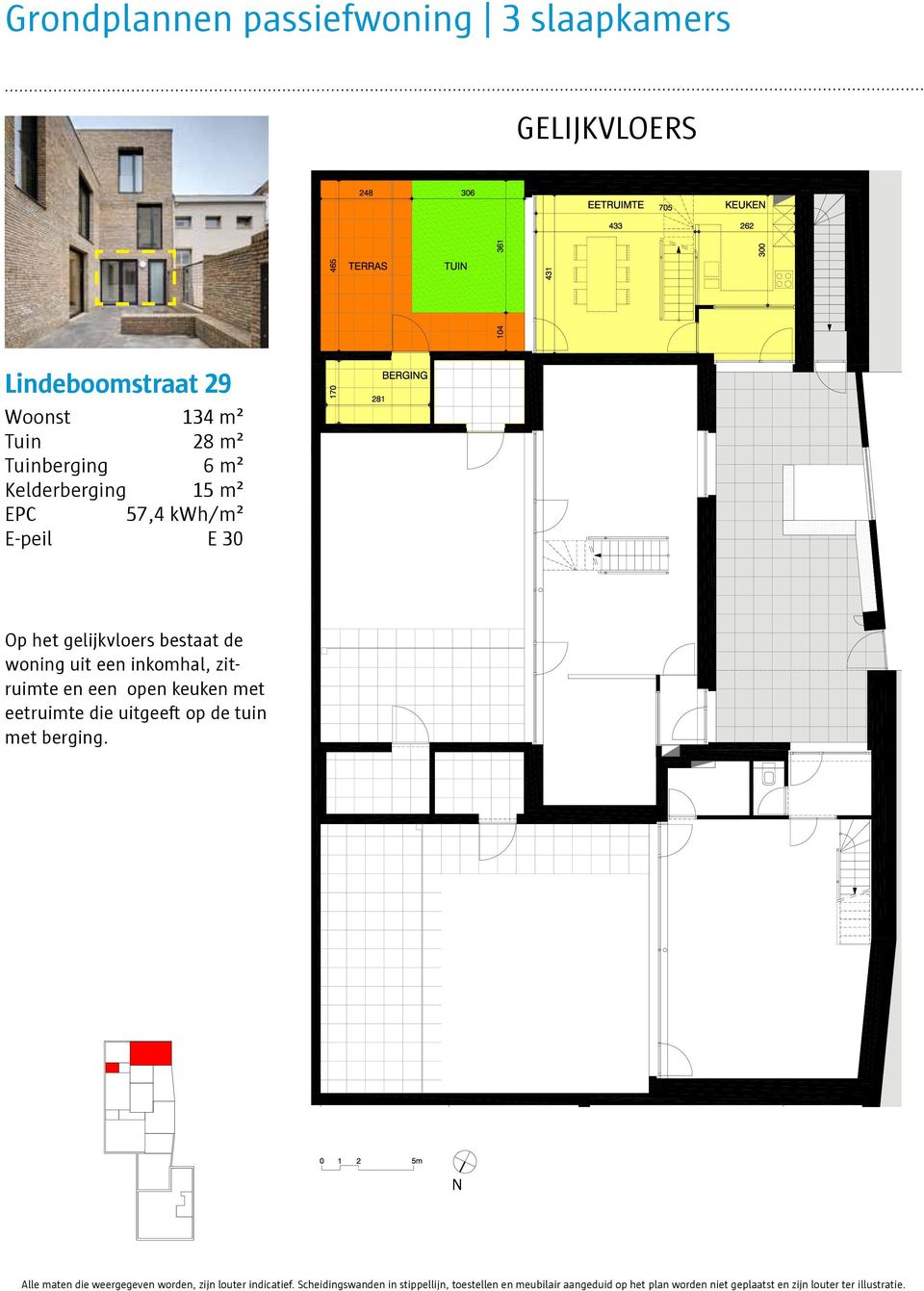 keuken met eetruimte die uitgeeft op de tuin met berging. N Alle maten die weergegeven worden, zijn louter indicatief.