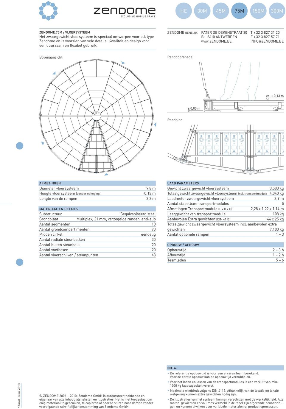 Diameter vloersysteem Hoogte vloersysteem (zonder ophoging ) Lengte van de rampen 9,8 m 0,13 m 3,2 m Materiaal en details Substructuur Gegalvaniseerd staal Grondplaat Multiplex, 21 mm, verzegelde