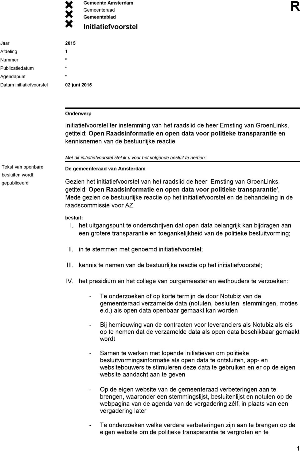 gepubliceerd De gemeenteraad van Amsterdam Gezien het initiatiefvoorstel van het raadslid de heer Ernsting van GroenLinks, getiteld: Open aadsinformatie en open data voor politieke transparantie,