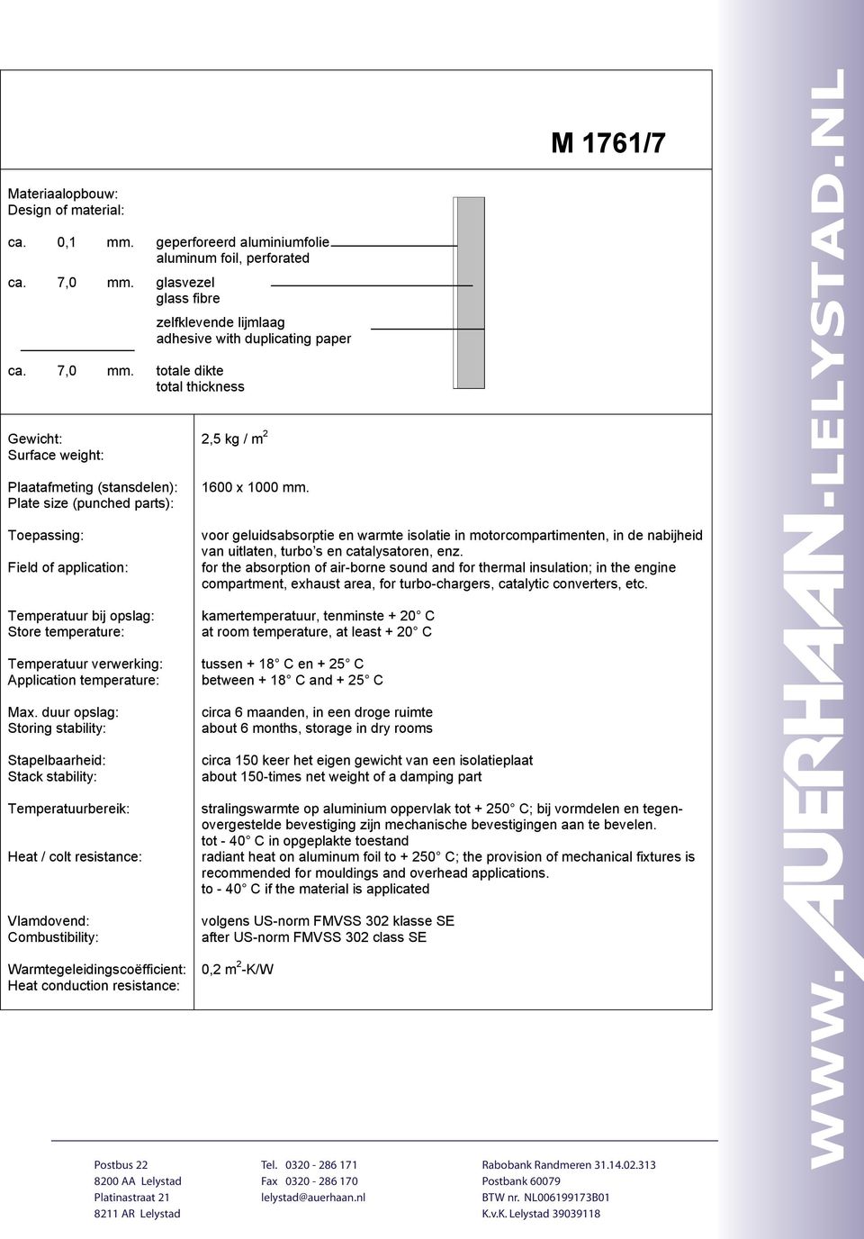 totale dikte total thickness Gewicht: Surface weight: Plaatafmeting (stansdelen): Plate size (punched parts): Toepassing: Field of application: Temperatuur bij opslag: Store temperature: Temperatuur