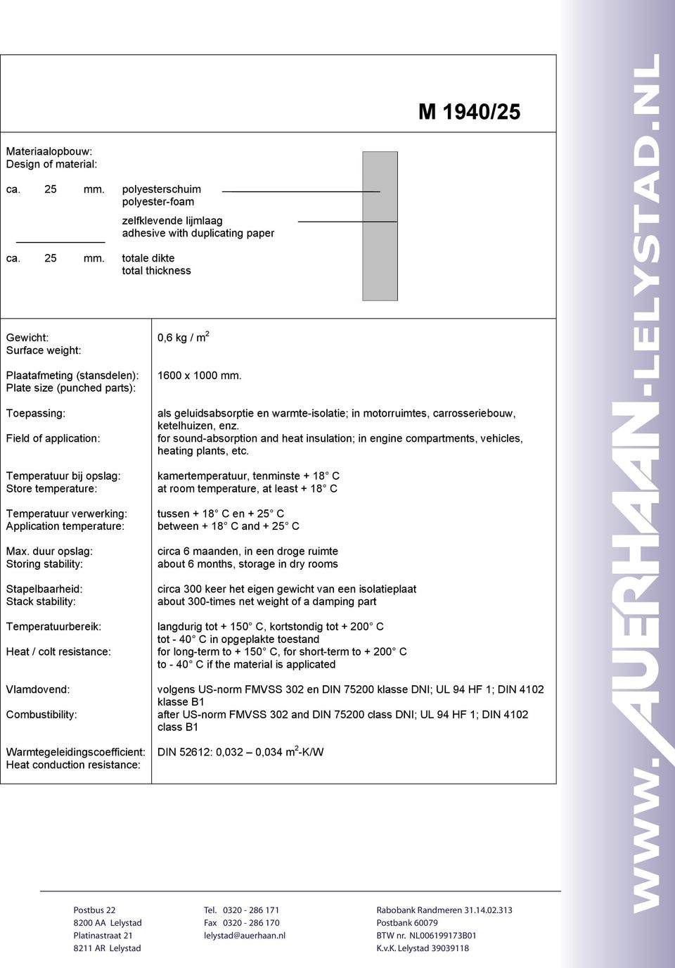 totale dikte total thickness Gewicht: Surface weight: Plaatafmeting (stansdelen): Plate size (punched parts): Toepassing: Field of application: Temperatuur bij opslag: Store temperature: Temperatuur