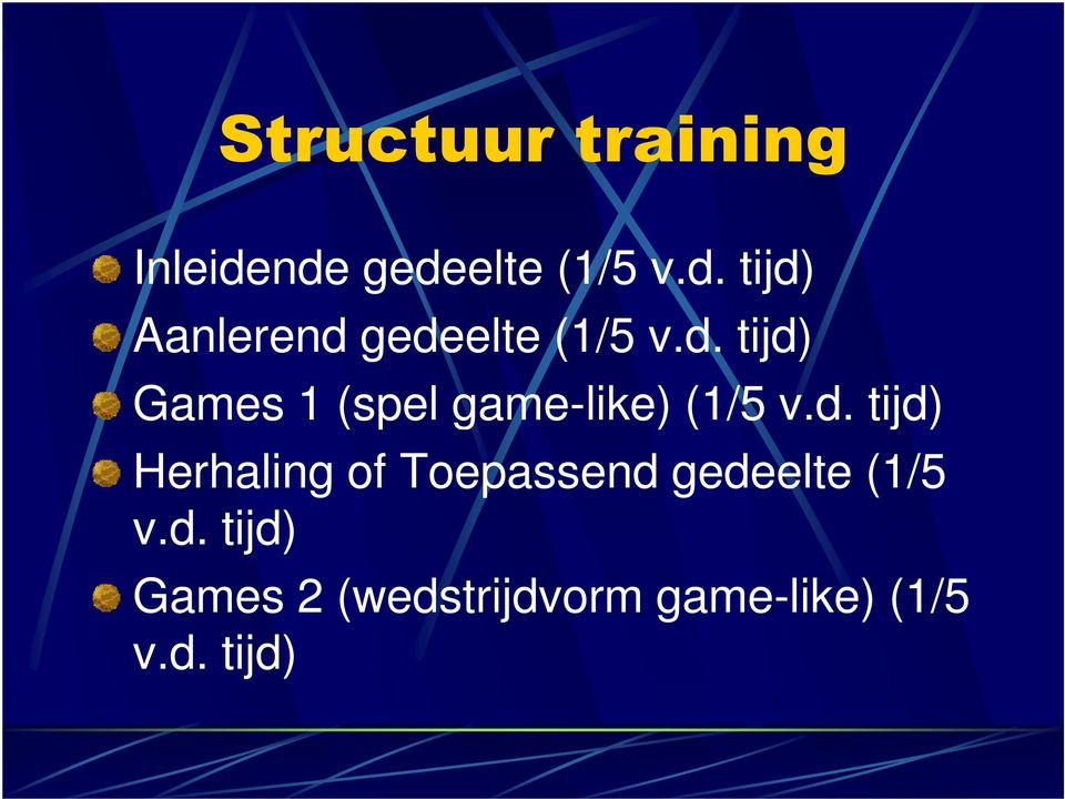 d. tijd) Herhaling of Toepassend gedeelte (1/5 v.d. tijd) Games 2 (wedstrijdvorm game-like) (1/5 v.