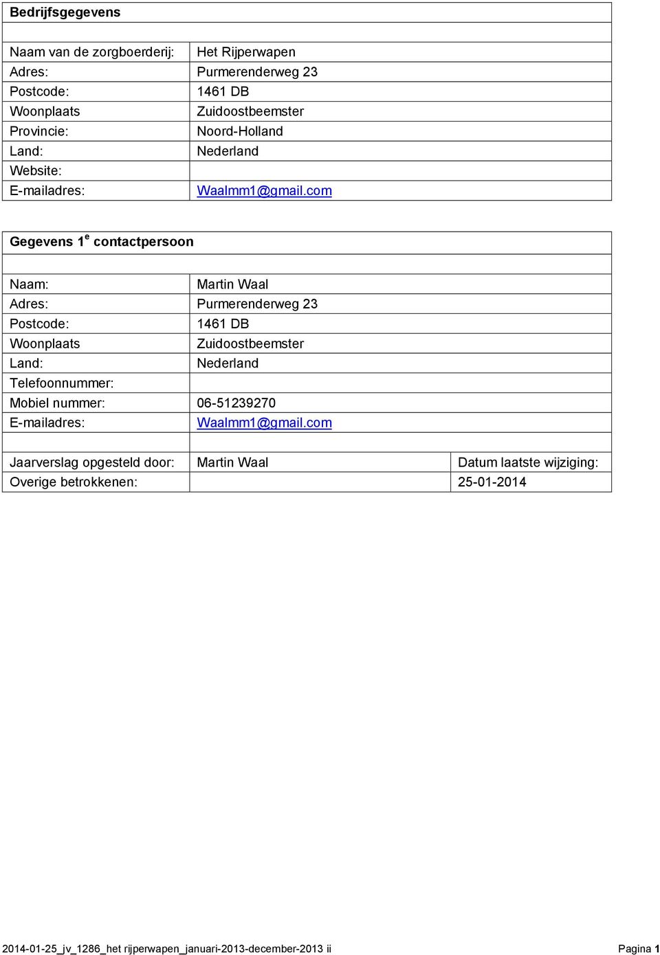 com Gegevens 1 e contactpersoon Naam: Martin Waal Adres: Purmerenderweg 23 Postcode: 1461 DB Woonplaats Zuidoostbeemster Land: Nederland