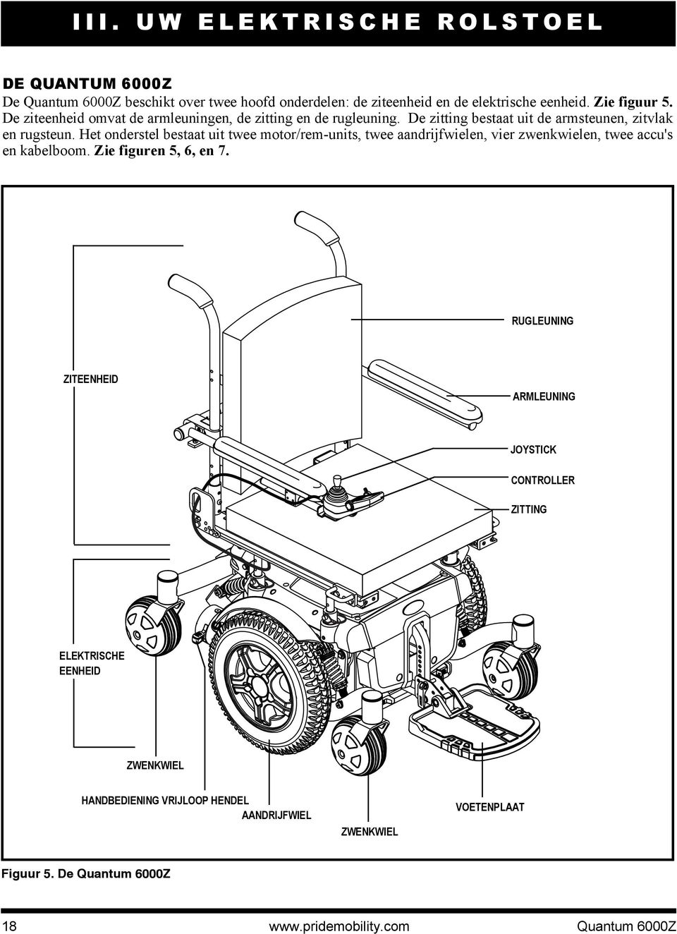Het onderstel bestaat uit twee motor/rem-units, twee aandrijfwielen, vier zwenkwielen, twee accu's en kabelboom. Zie figuren 5, 6, en 7.