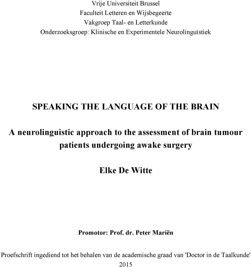 neurolinguistic approach to the assessment of brain tumour patients undergoing awake surgery Elke De Witte