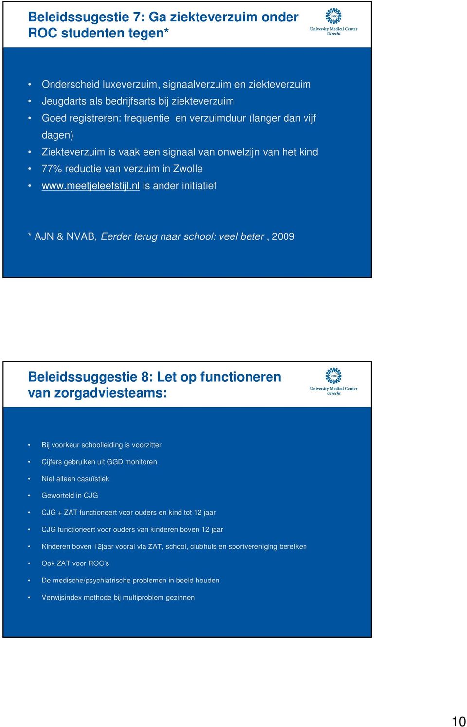 nl is ander initiatief * AJN & NVAB, Eerder terug naar school: veel beter, 2009 Beleidssuggestie 8: Let op functioneren van zorgadviesteams: Bij voorkeur schoolleiding is voorzitter Cijfers gebruiken