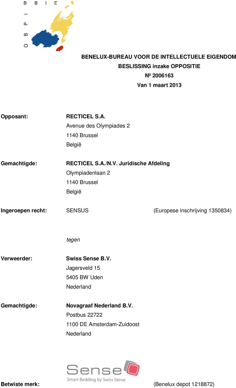 Juridische Afdeling Olympiadenlaan 2 1140 Brussel België Ingeroepen recht: SENSUS (Europese inschrijving 1350834) tegen