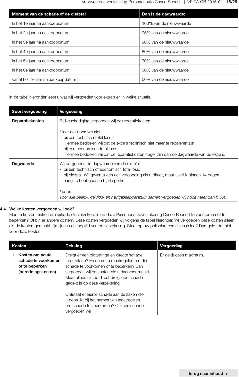 nieuwwaarde 90% van de nieuwwaarde 80% van de nieuwwaarde 70% van de nieuwwaarde 60% van de nieuwwaarde 50% van de nieuwwaarde In de tabel hieronder leest u wat wij vergoeden voor extra s en in welke