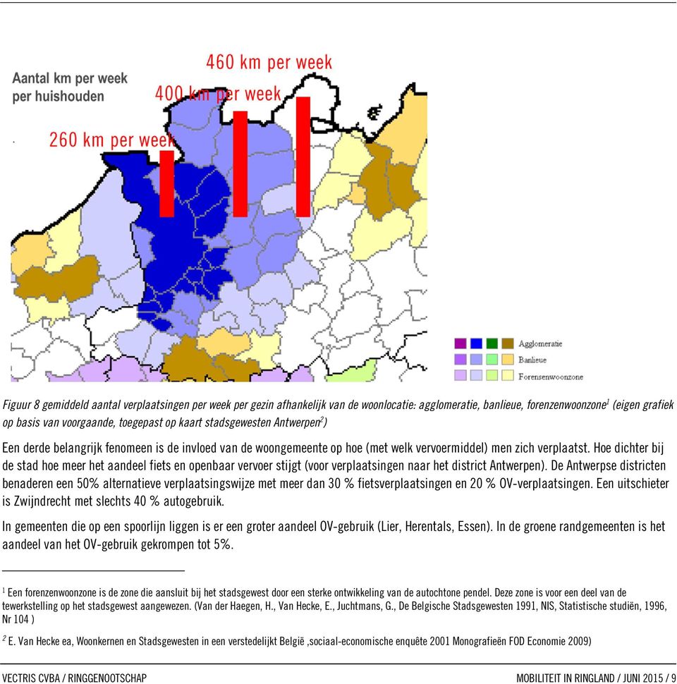 Hoe dichter bij de stad hoe meer het aandeel fiets en openbaar vervoer stijgt (voor verplaatsingen naar het district Antwerpen).
