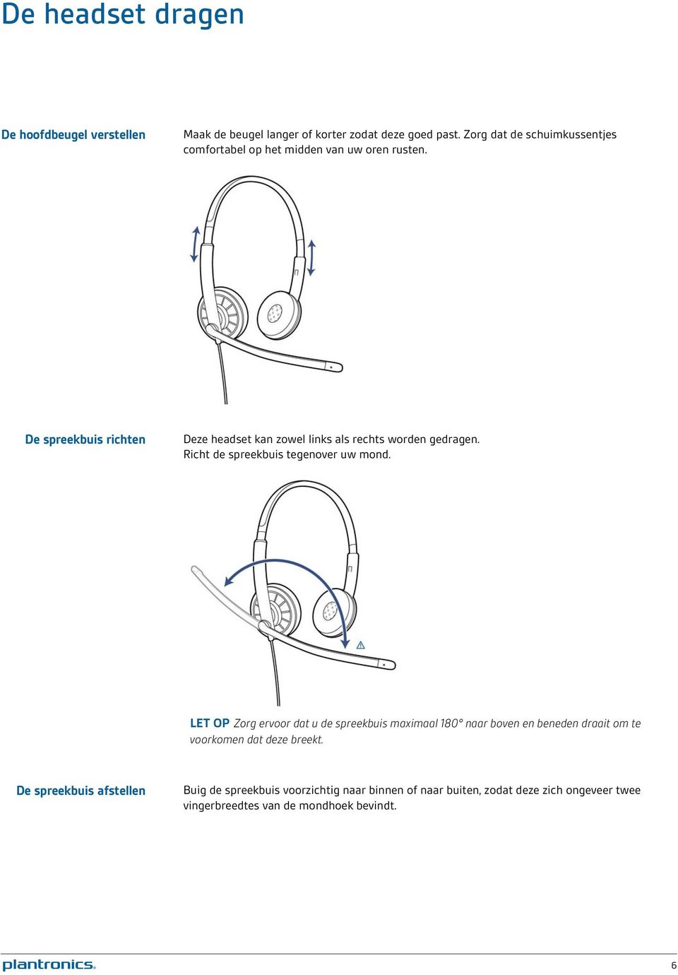 De spreekbuis richten Deze headset kan zowel links als rechts worden gedragen. Richt de spreekbuis tegenover uw mond.