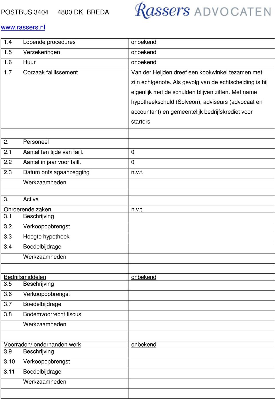 Met name hypotheekschuld (Solveon), adviseurs (advocaat en accountant) en gemeentelijk bedrijfskrediet voor starters 2. Personeel 2.1 Aantal ten tijde van faill. 0 2.