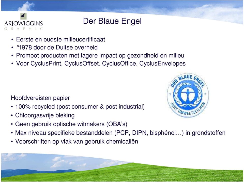 papier 100% recycled (post consumer & post industrial) Chloorgasvrije bleking Geen gebruik optische witmakers