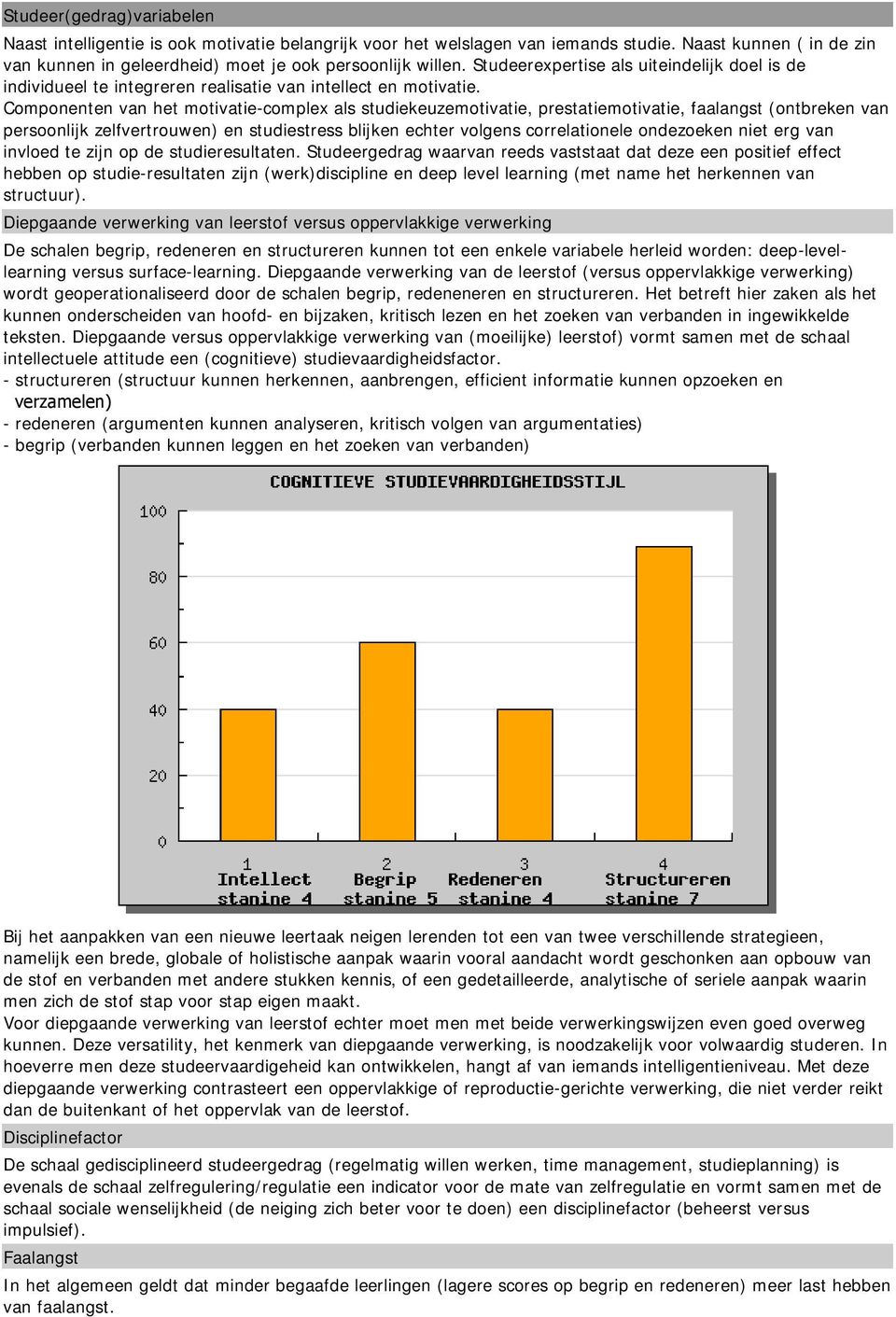 Componenten van het motivatie-complex als studiekeuzemotivatie, prestatiemotivatie, faalangst (ontbreken van persoonlijk zelfvertrouwen) en studiestress blijken echter volgens correlationele