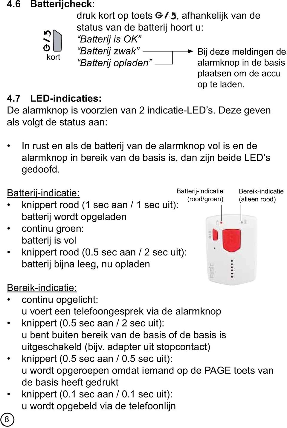 Deze geven als volgt de status aan: In rust en als de batterij van de alarmknop vol is en de alarmknop in bereik van de basis is, dan zijn beide LED s gedoofd.