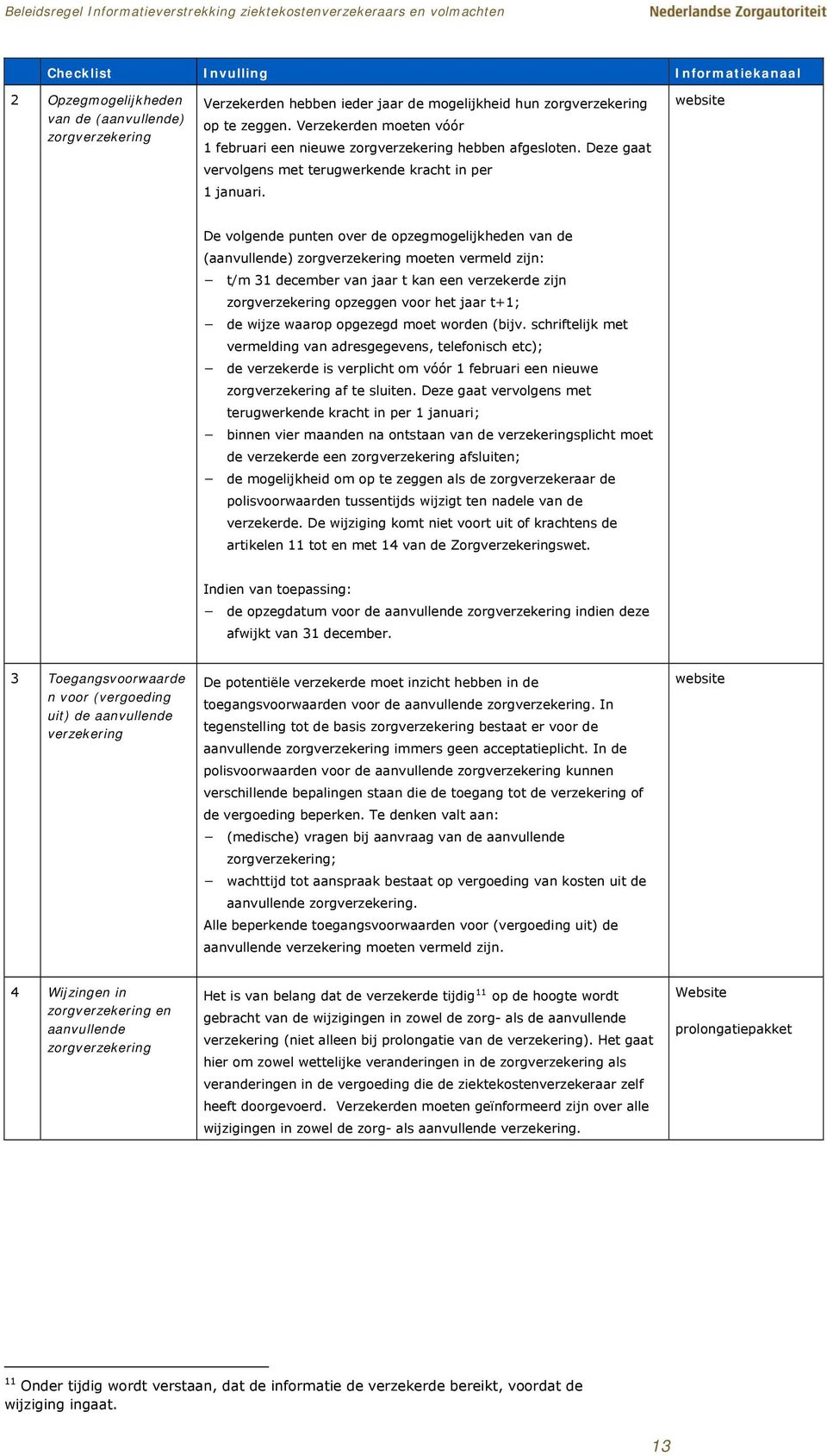 website De volgende punten over de opzegmogelijkheden van de (aanvullende) zorgverzekering moeten vermeld zijn: t/m 31 december van jaar t kan een verzekerde zijn zorgverzekering opzeggen voor het