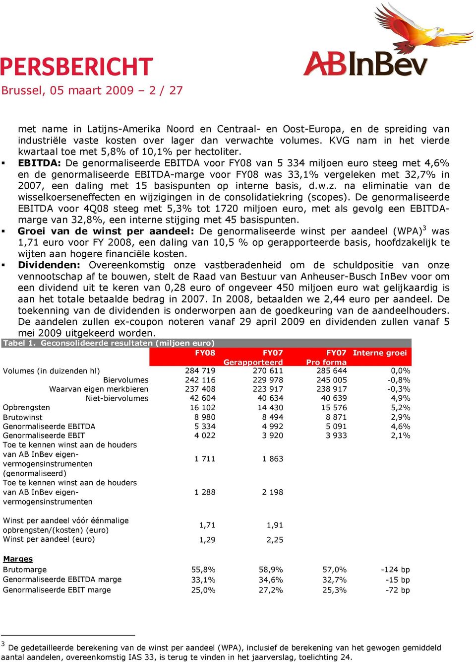 EBITDA: De genormaliseerde EBITDA voor FY08 van 5 334 miljoen euro steeg met 4,6% en de genormaliseerde EBITDA-marge voor FY08 was 33,1% vergeleken met 32,7% in 2007, een daling met 15 basispunten op