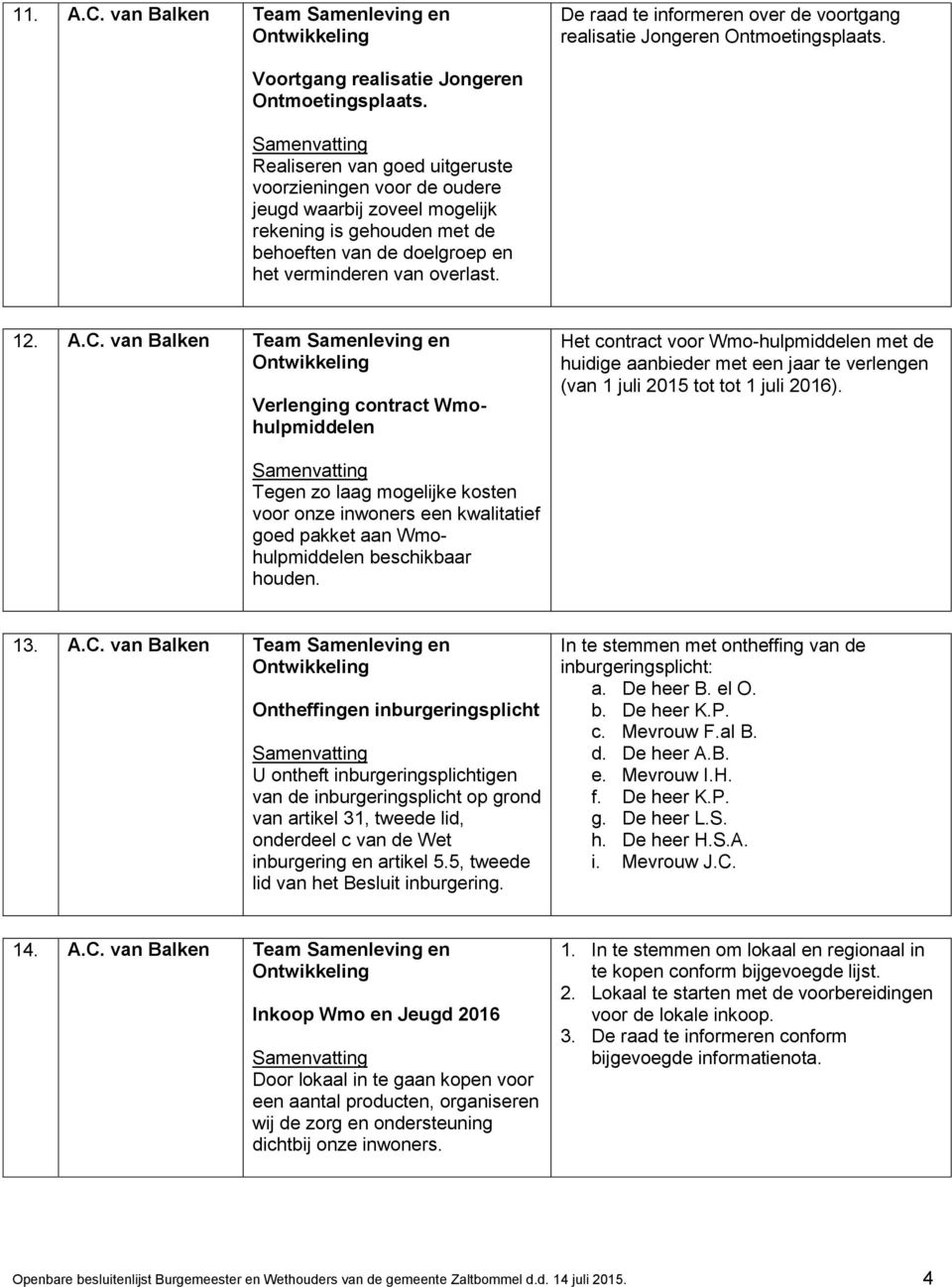 van Balken Team Samenleving en Verlenging contract Wmohulpmiddelen Het contract voor Wmo-hulpmiddelen met de huidige aanbieder met een jaar te verlengen (van 1 juli 2015 tot tot 1 juli 2016).