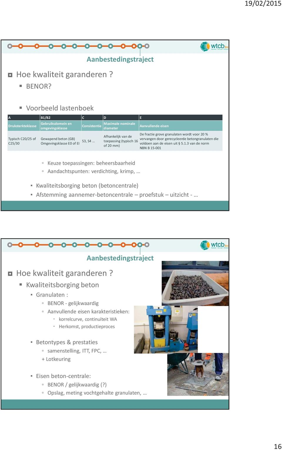 Omgevingsklasse E0 of EI Maximale nominale diameter Aanvullende eisen De fractie grove granulaten wordt voor 20 % van de vervangen door gerecycleerde betongranulaten die toepassing (typisch 16