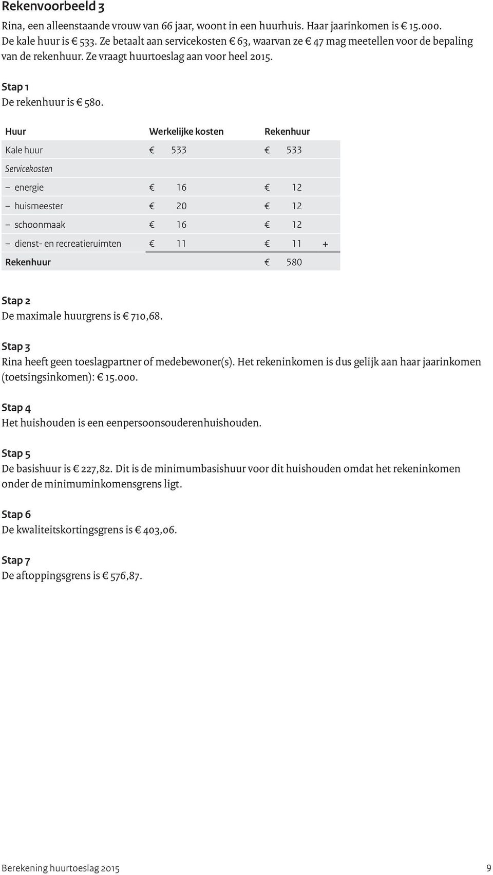 Huur Werkelijke kosten Rekenhuur Kale huur 533 533 Servicekosten energie 16 12 huismeester 20 12 schoonmaak 16 12 dienst- en recreatieruimten 11 11 + Rekenhuur 580 Stap 2 De maximale huurgrens is