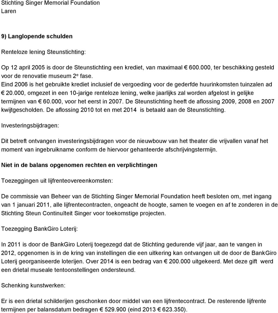 000, omgezet in een 10-jarige renteloze lening, welke jaarlijks zal worden afgelost in gelijke termijnen van 60.000, voor het eerst in 2007.