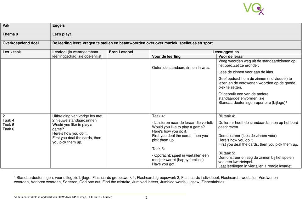 Of gebruik een van de andere standaardoefenvormen, zie Standaardoefeningenrepertoire (bijlage) 1 2 Taak 4 Taak 5 Taak 6 Uitbreiding van vorige les met 2 nieuwe standaardzinnen Would you like to play